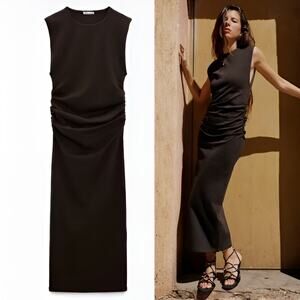 Zara Womens Summer Occasion‎ High Neck Sleeveless Ruched Midi Dress Size S Brown